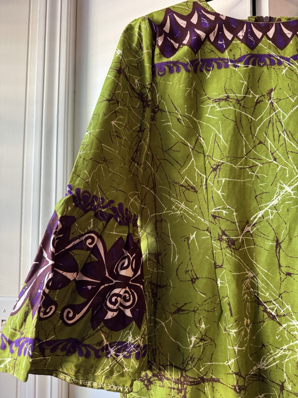 Anningtex Wax Nigerian Batik Cotton Shift Dress | Green & Purple Abstract