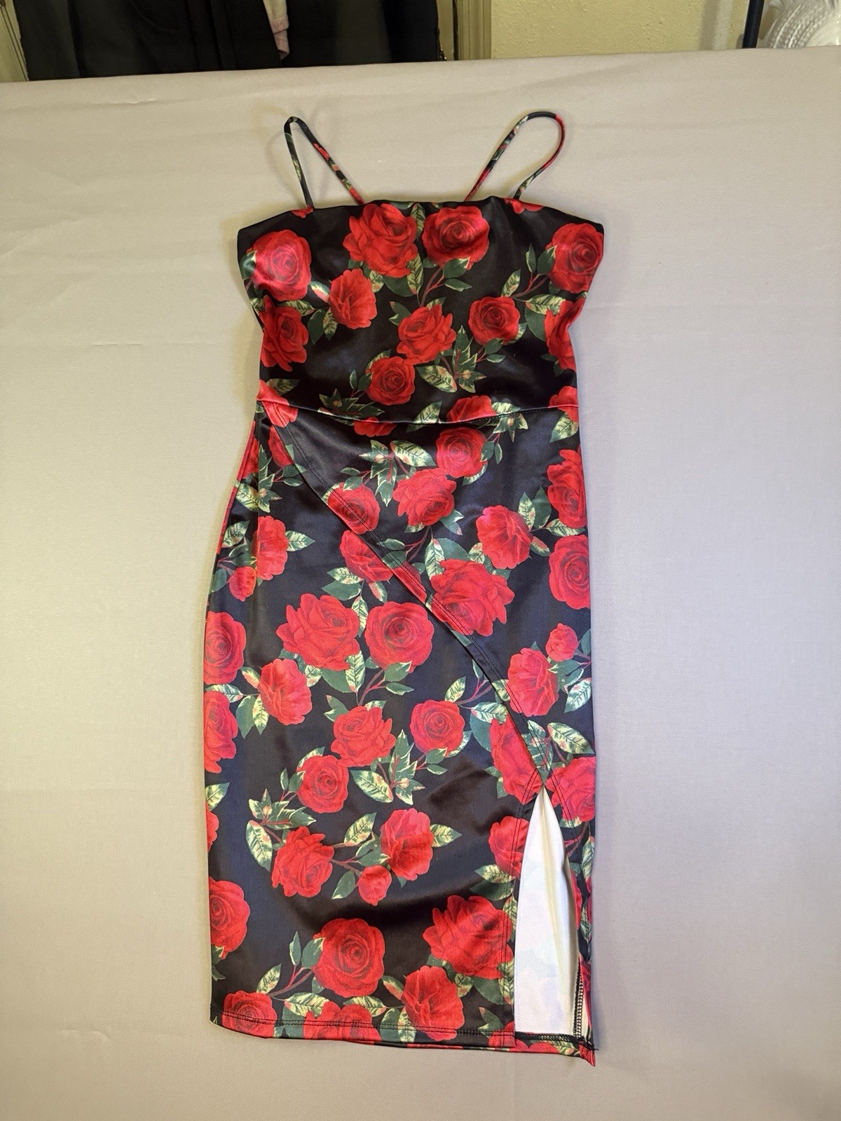 Minette Rose Print Satin Midi Dress Laced Back Slit Body Con Grunge Date Night S