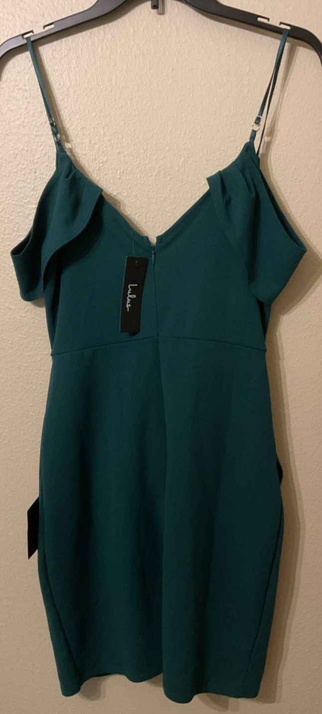 Lulus “Love So Sweet” Hunter Green Off Shoulder Pleated Bodycon Mini Dress S NWT