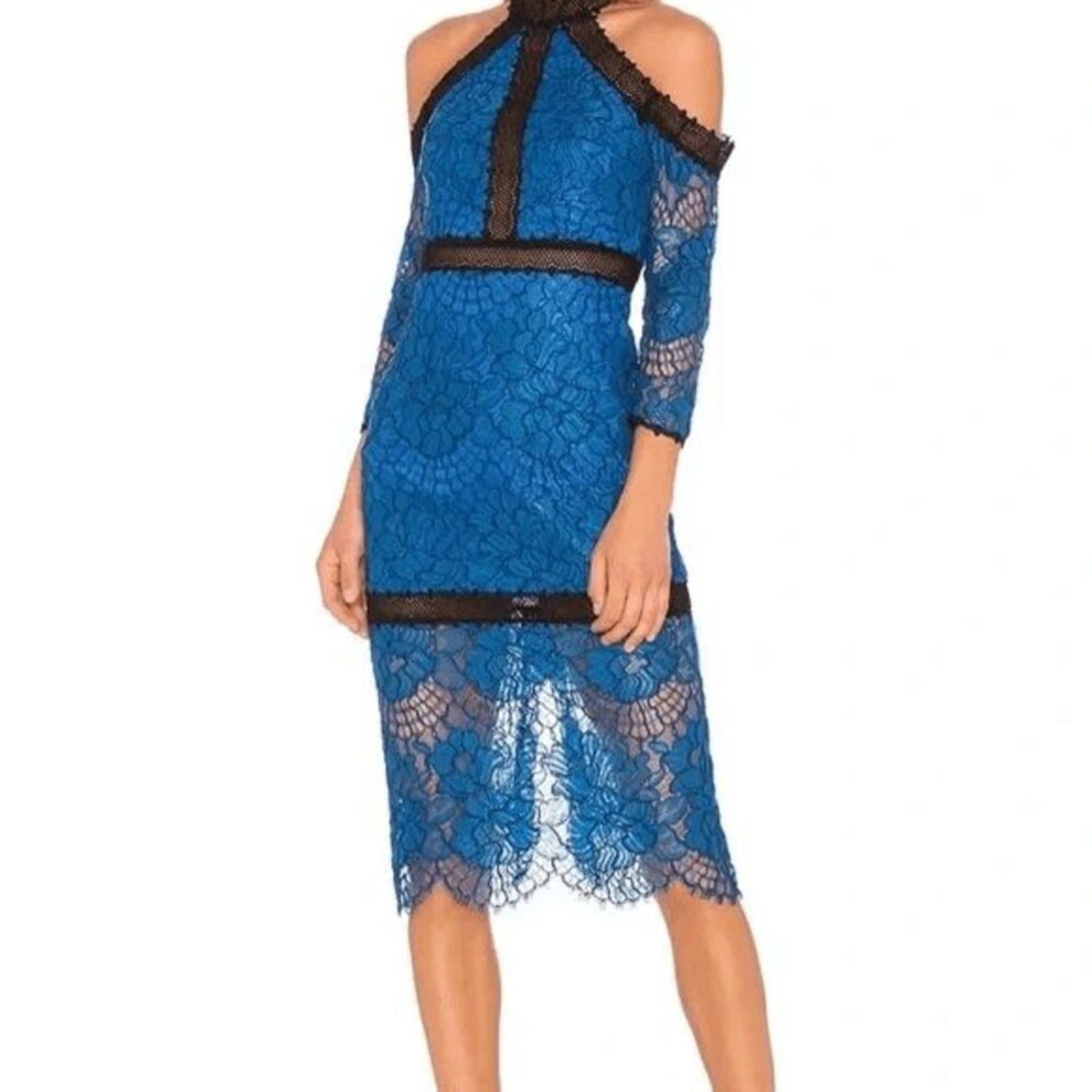 ALEXIS Marlowe Cold Shoulder Lace Midi Dress Blue Small EUC K334
