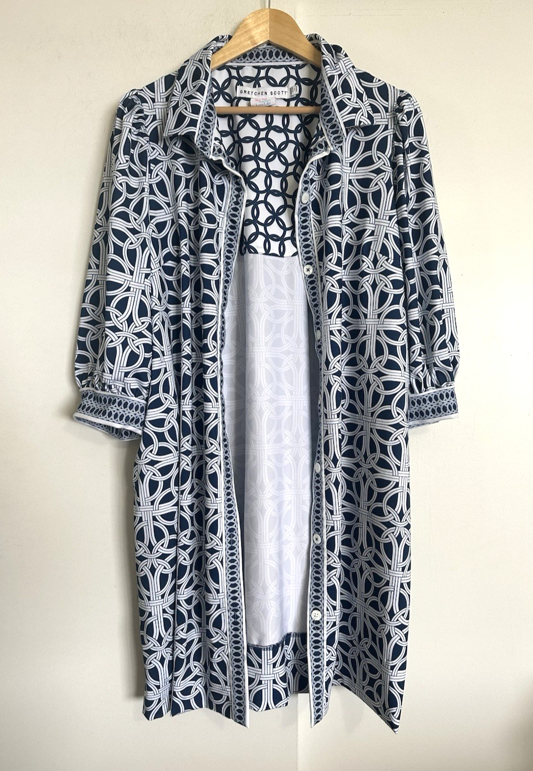 GRETCHEN SCOTT Blue White Swagger Dress 16 Goddess XXL Ring Toss Print