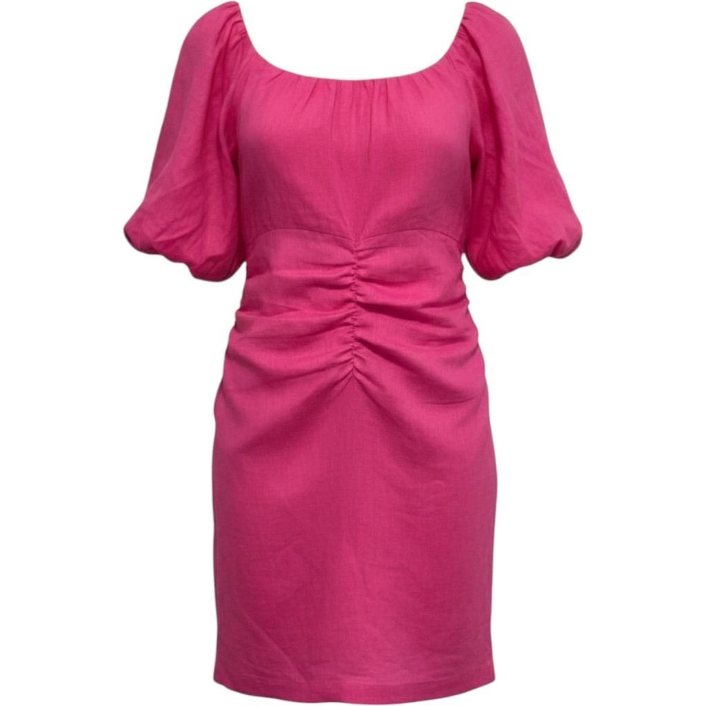 MINKPINK Selena Puff Sleeve Mini Dress NWT Hot Pink 100% Linen Size XXL
