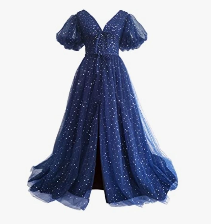 Xijun Dress Size 14 Tulle V Neck Puffy Sleeve Slit Starry Navy Blue Prom NWOT