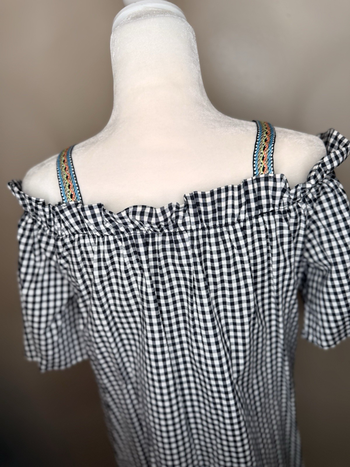 VTG Christian Caliendo Off The Shoulder Shirt Dress Med Checkered Black White