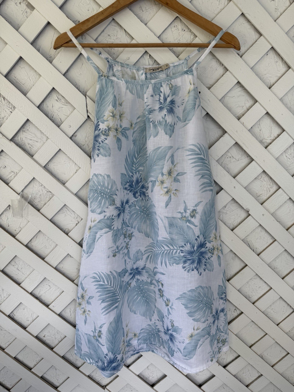 Lungo L’Arno Italian Dress Made 100% Linen Sleeveless Blue Floral Knee Length S