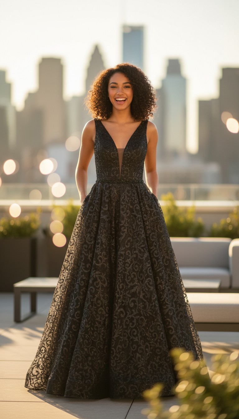 Black Long Embroidered Sequin V Neck Prom Dress Size 6 Pockets Formal Gown