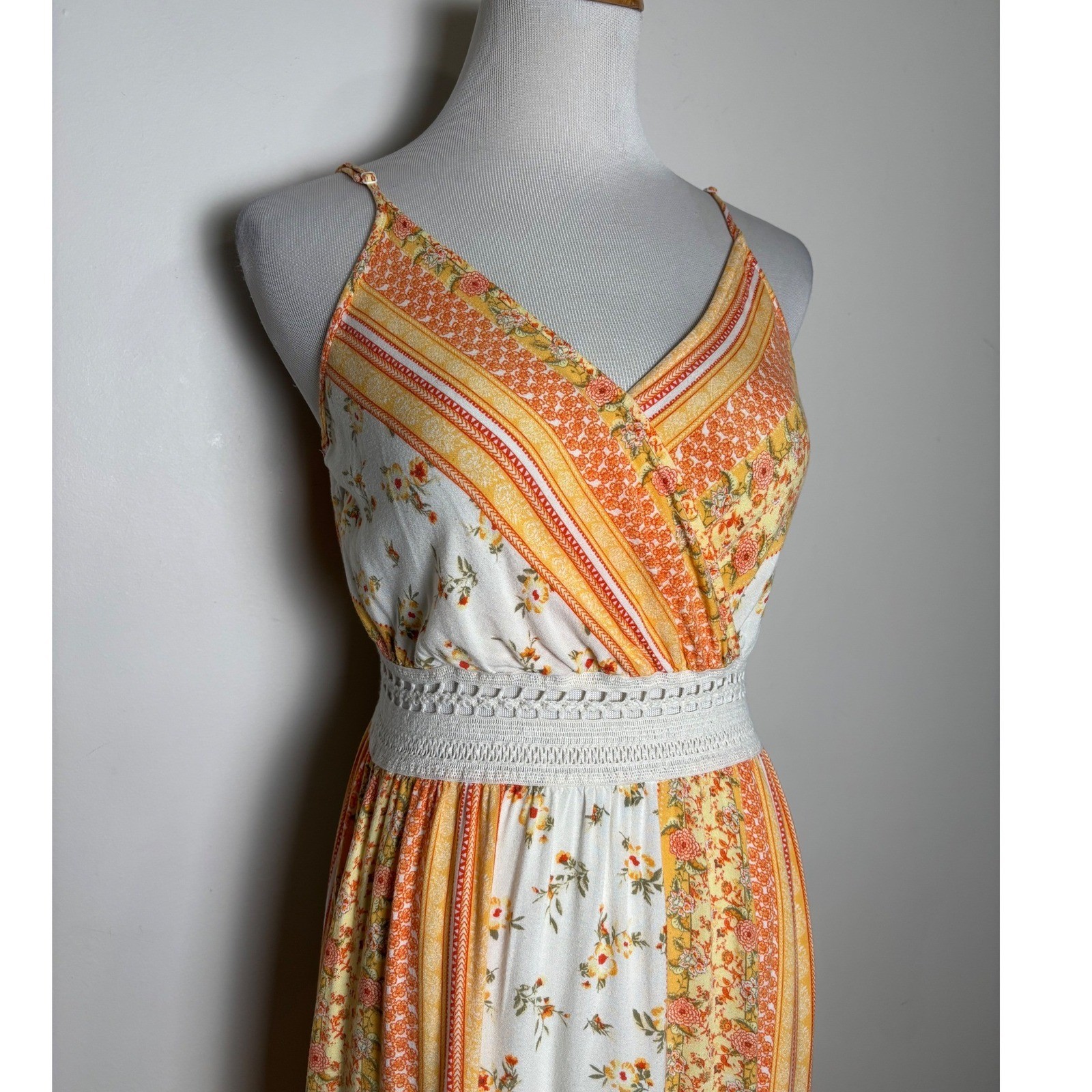 Justify Womens Maxi Sun Dress M Cottage Floral Crochet 70s Boho Prairie Festival