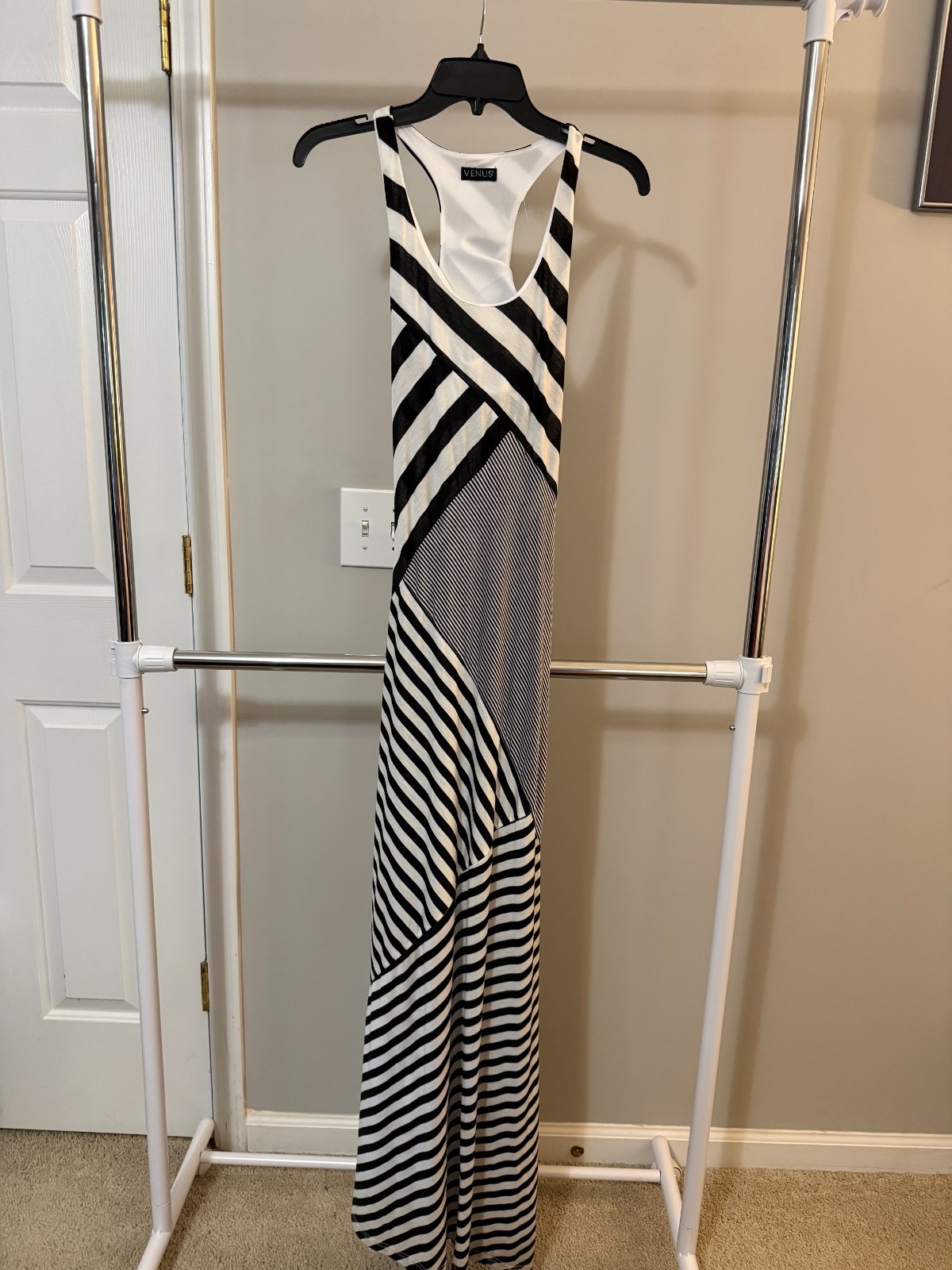 Venus Women’s Black White Striped Maxi Dress Size Small Racerback Sleeveless
