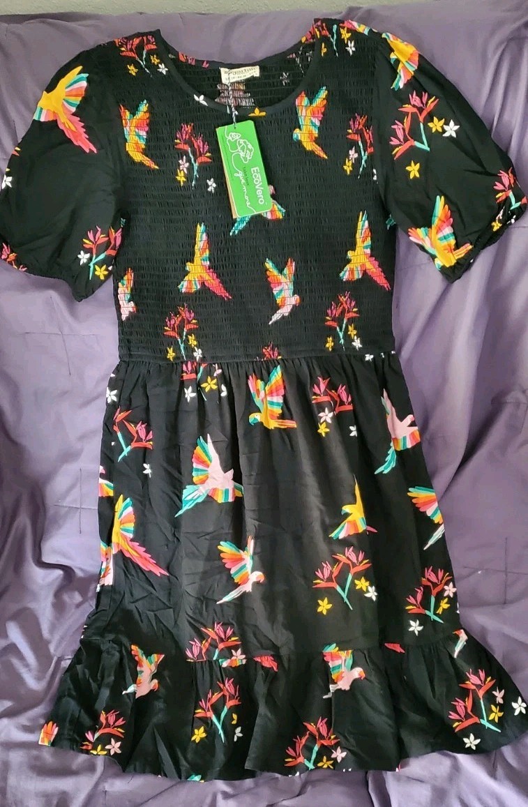 Sugarhill Rainbow Tropical Parrots Smocked Midi Dress Women’s Black Size 6