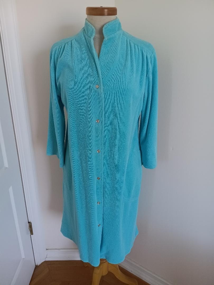 Evelyn Pearson Turquoise Robe House Coat Soft Texture Snap Down Dress S/M