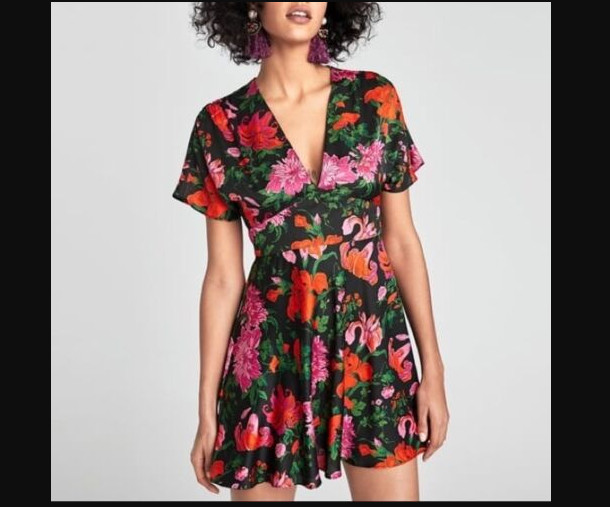 Zara Woman Dress Romantic Floral A-line Mini Black Red Pink Green Mini Dress- XL
