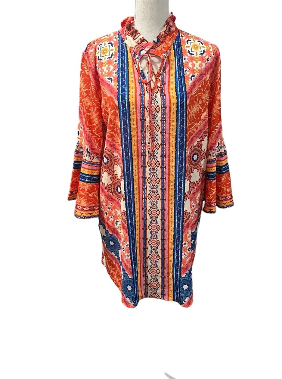 Umgee Orange Multicolor Bohemian Peasant Bell Sleeves Dress/Tunic Keyhole Small