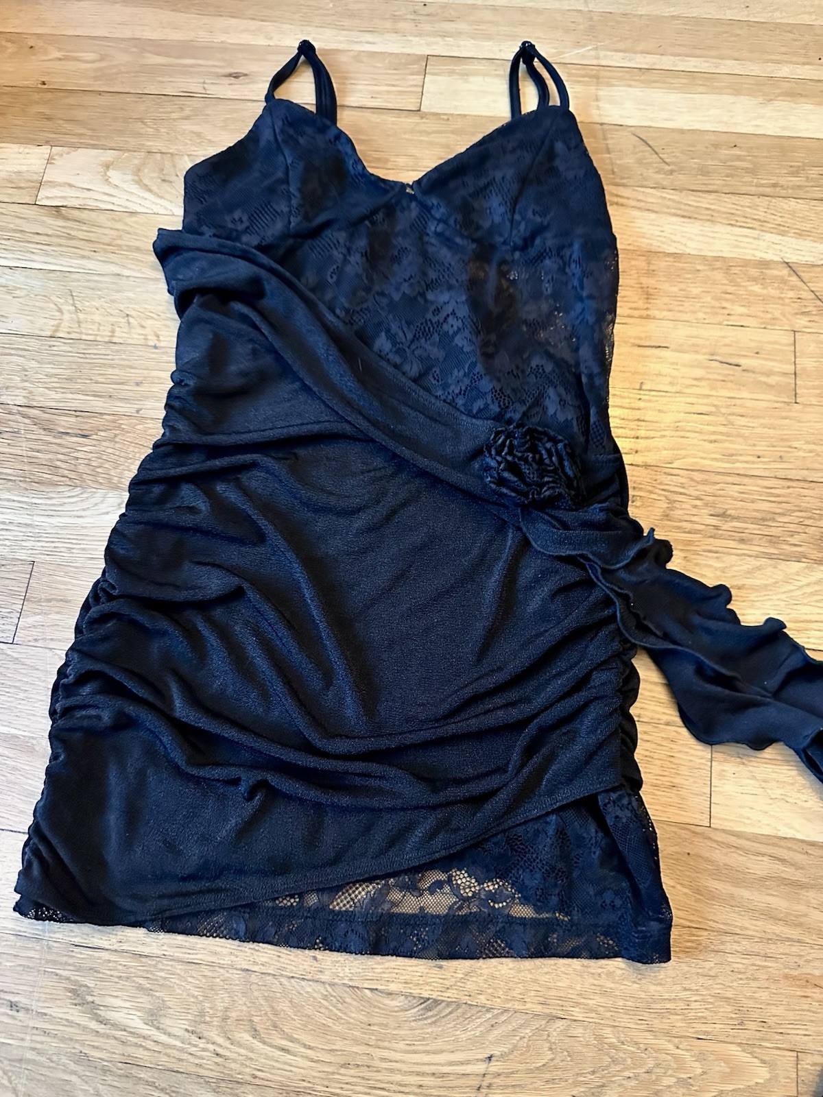✨SHEIN Black Lace Ruched Mini Dress Women L Bodycon Party Cocktail Dress✨