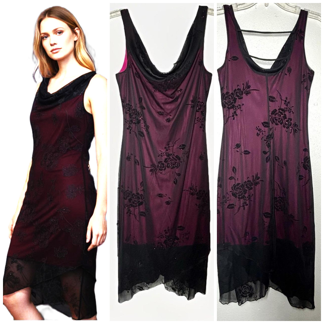 Y2k Byer Too Midi Dress L Black Mesh Pink Burnout Whimsygoth Grunge witchy Goth