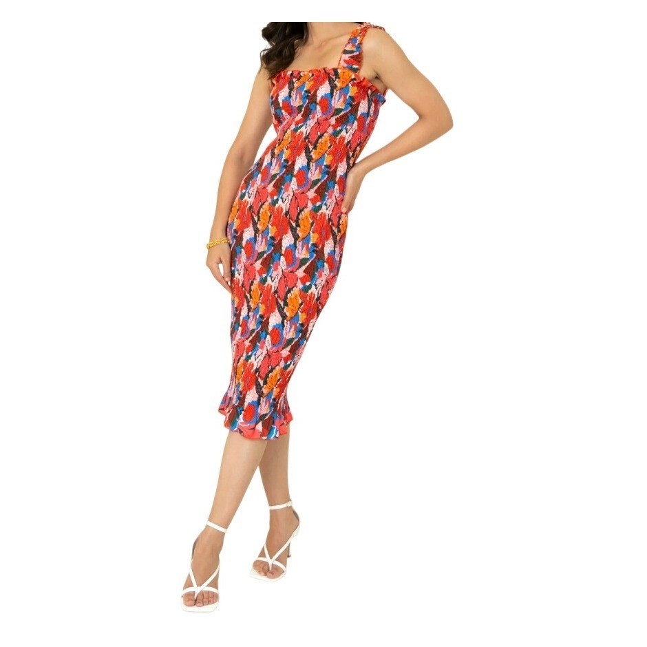 SNDYS Red Floral Smocked Midi Dress Women US 6 Bodycon Square Neck Ruffle Strap