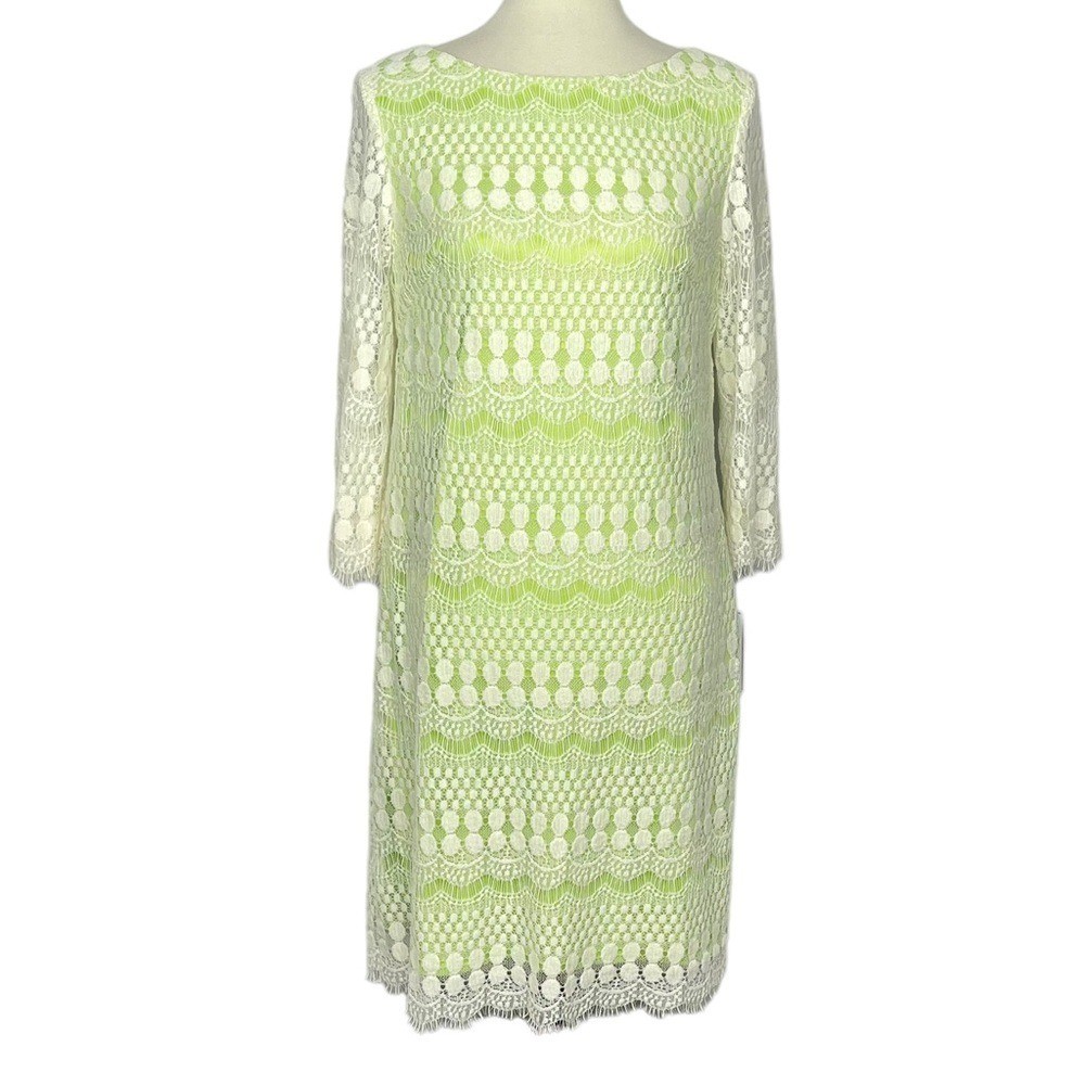 J Howard Dress Womens 10 Kiwi Green Cream Lace Overlay Midi Lined NWT