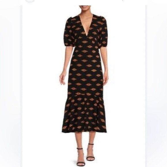 NWT $585 RHODE Ester Plunge V Neck Puff Sleeve MIDI Jacquard Dress – 4
