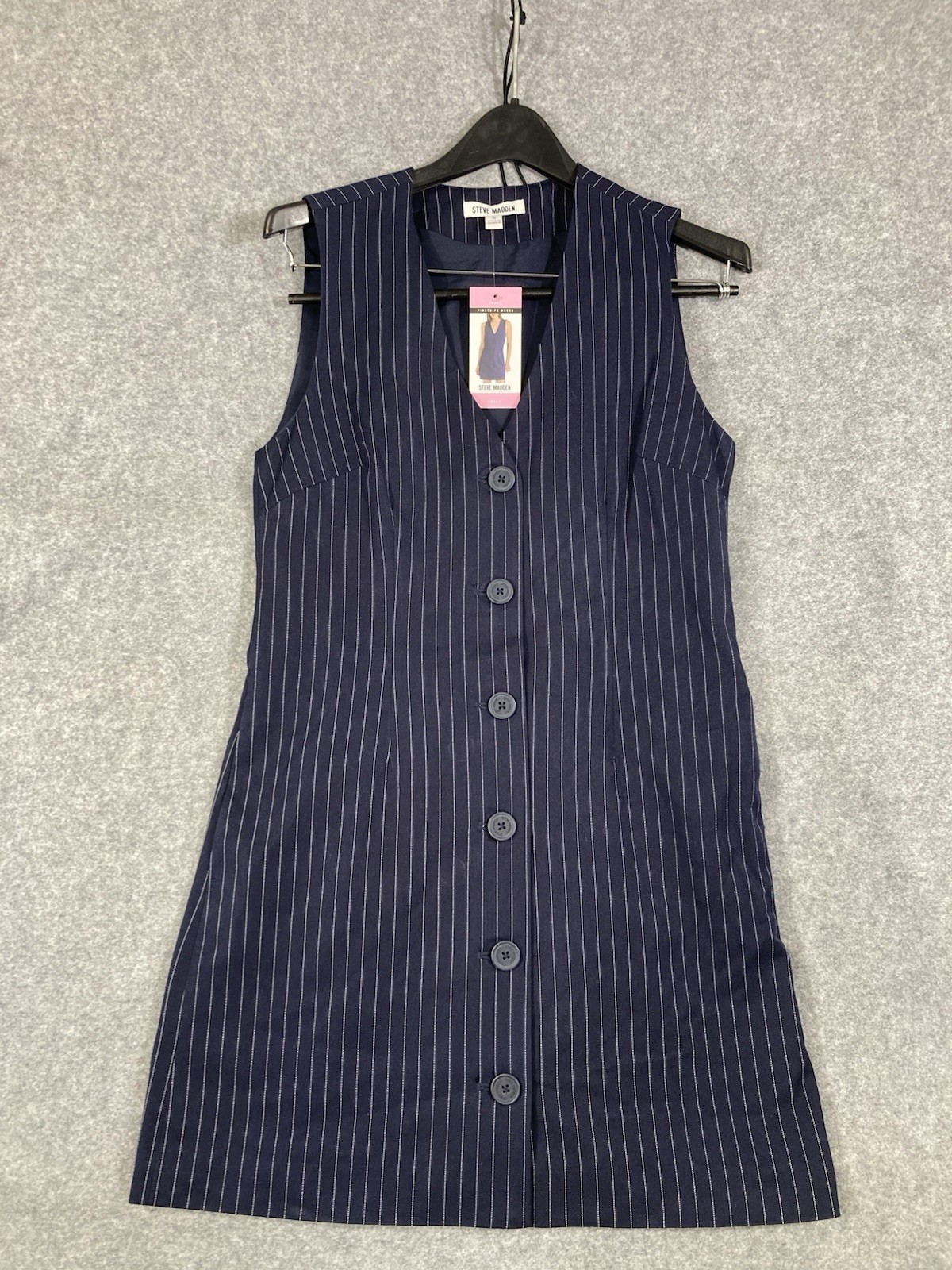 Steve Madden Pinstripe Dress Women Size Small Navy Blue Button Sleeveless NWT