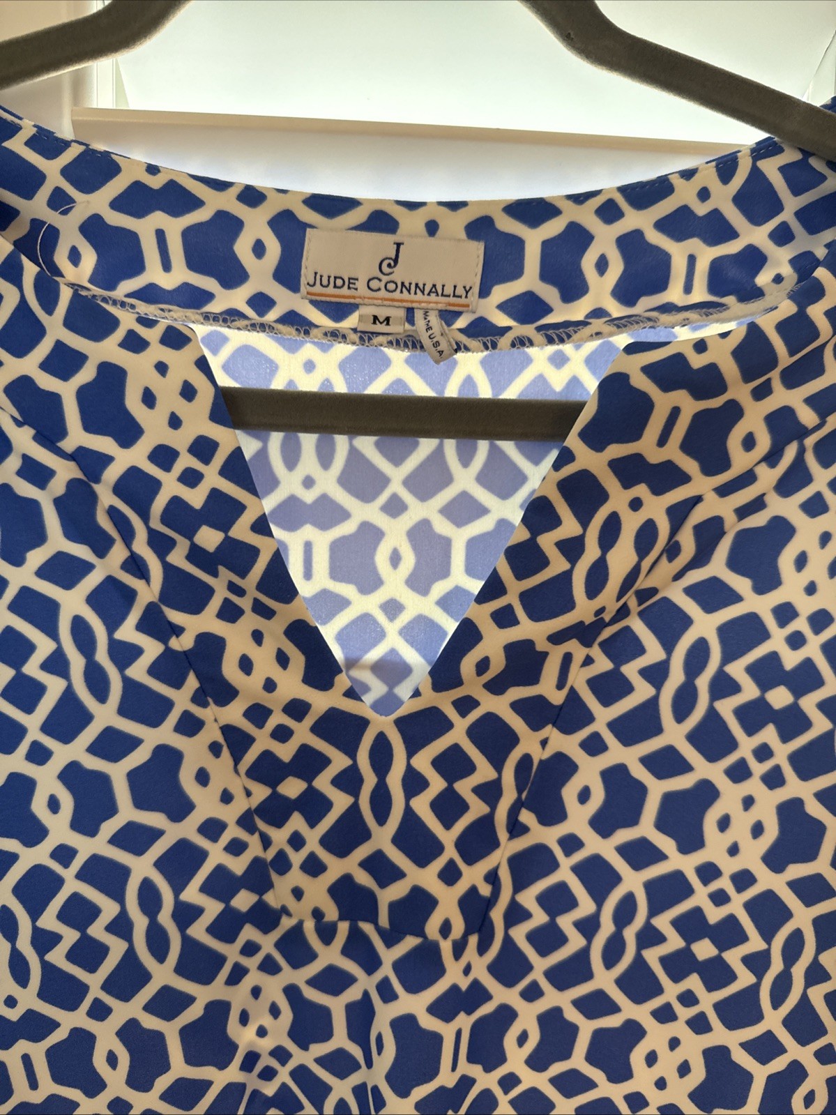 Jude Connally Geometric Lattice Shift Dress Size M Blue White Resortwear Beach