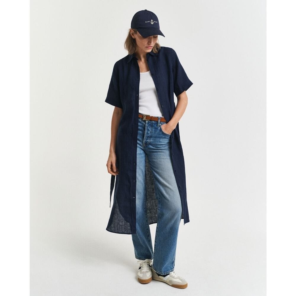 Gant 100% European Flax Linen Short Sleeve Navy Shirt Dress Midi Size 38 US 8