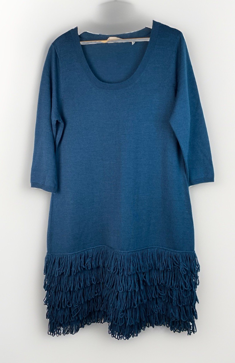 Soft Surroundings Women’s XL Teal Acrylic Wool Blend Fringe Knit Sweater Dress