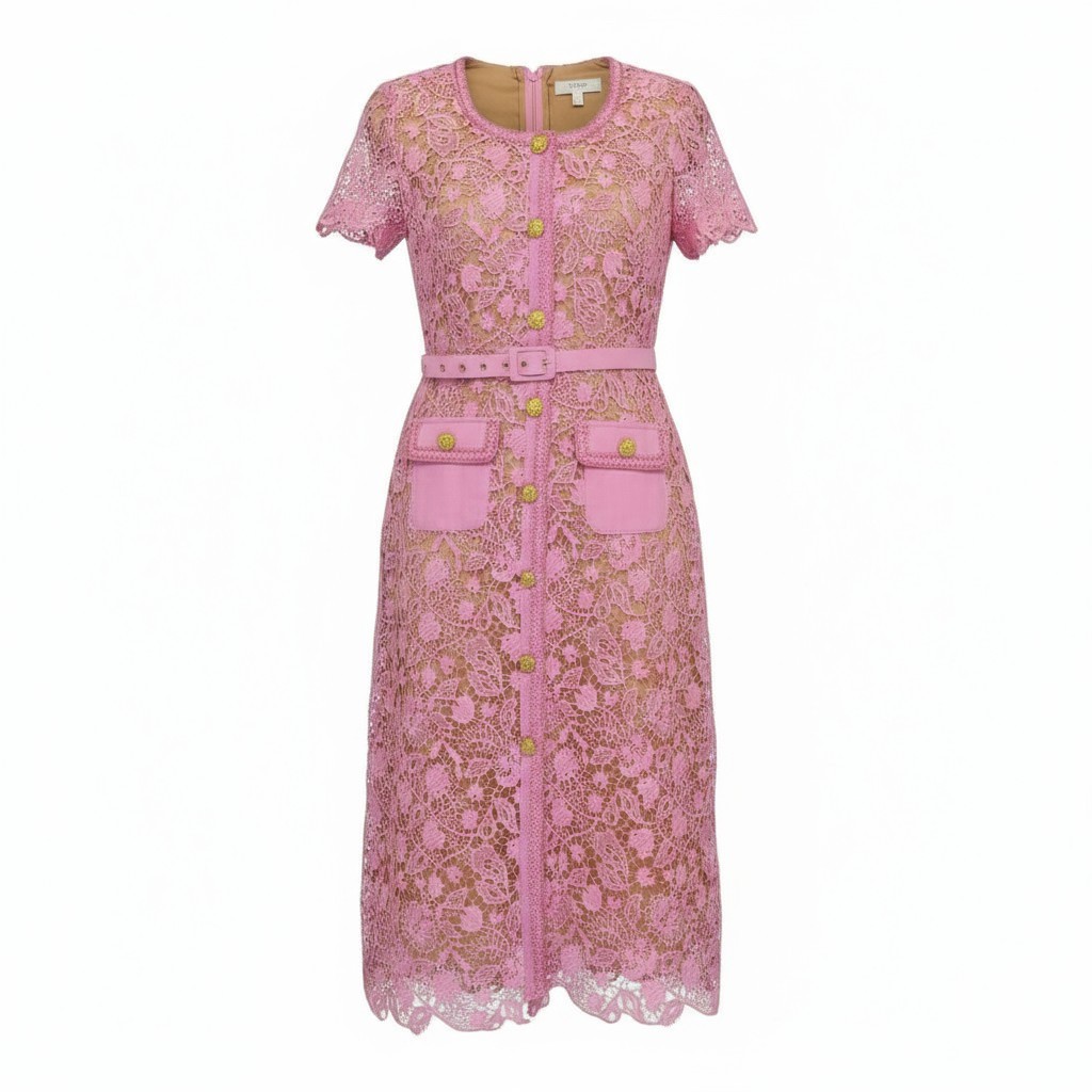Womens Floral Lace Midi Dress with Belt, Pink, Size Small