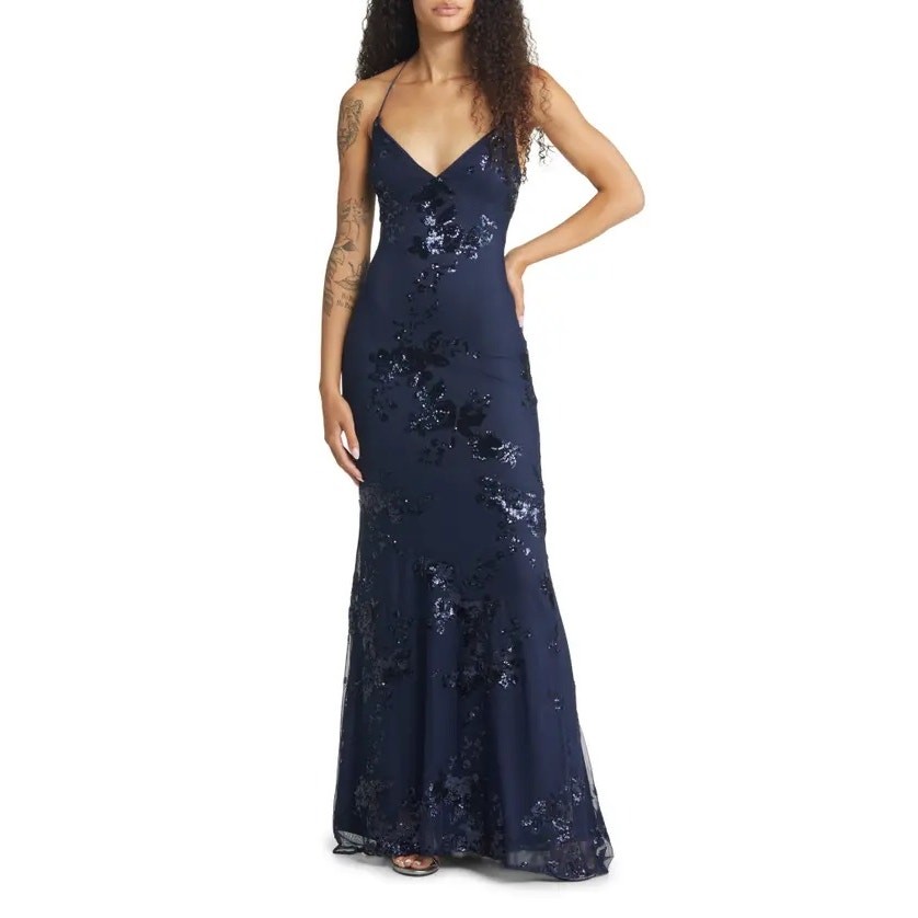 Lulus Valhalla Navy Blue Sequin Lace-Up Maxi Dress Formal Evening Glam Large NWT
