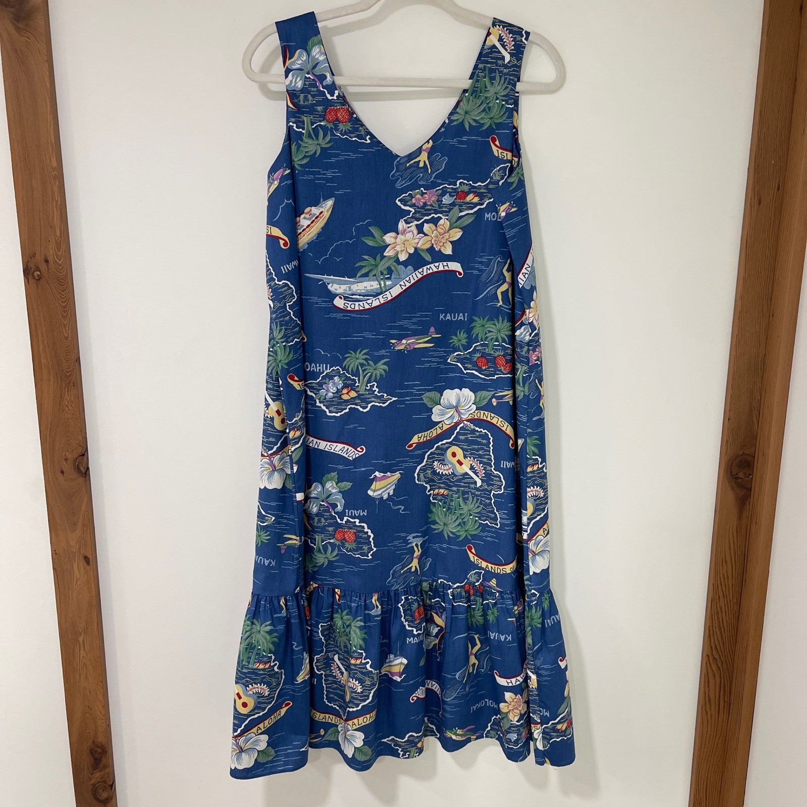 Hilo Hattie Hawaiian Islands Map Dress Womens Medium Blue Ruffle Hem | Tropical