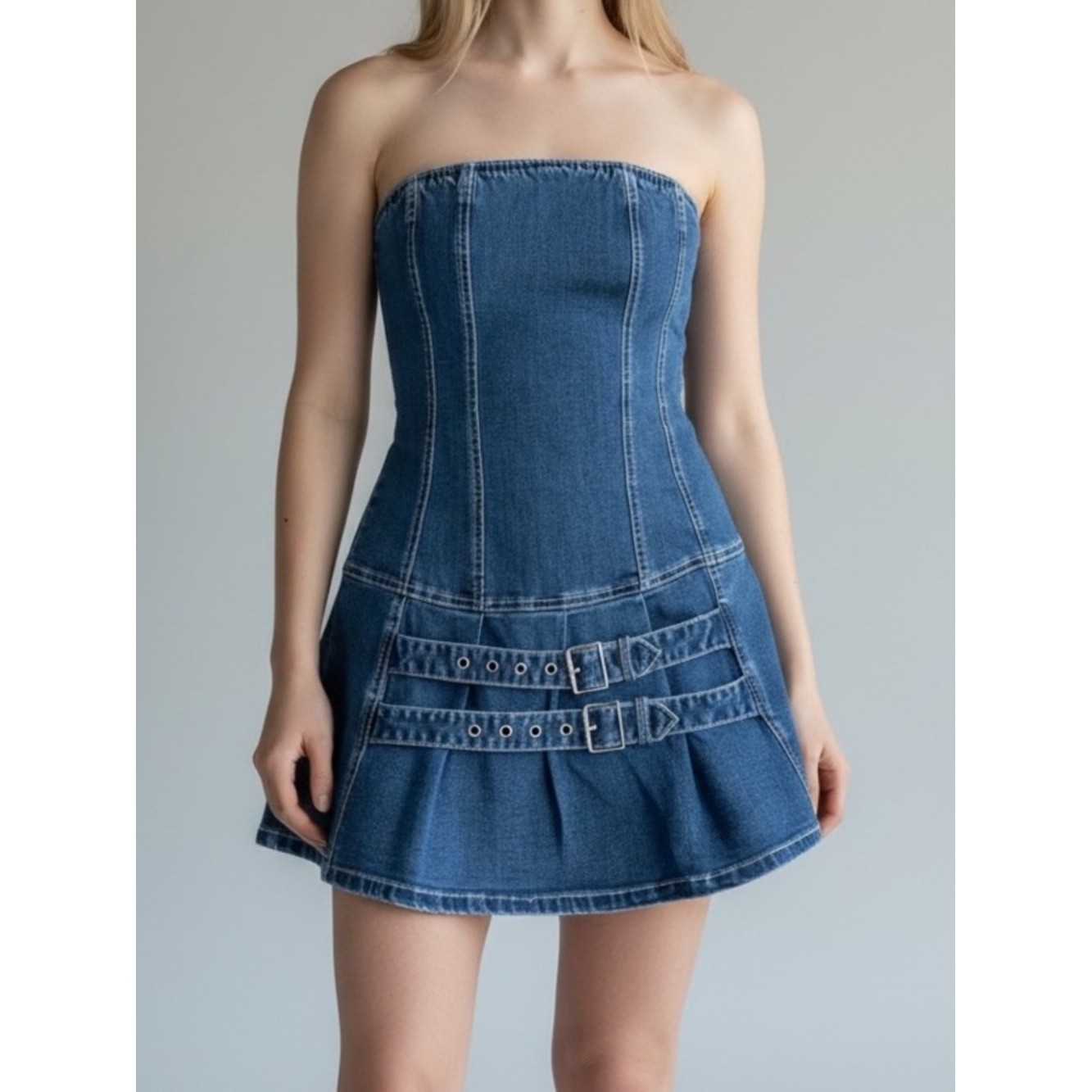 NWT Love Tree Strapless Denim Belted Jean Mini Tube Dress Boutique Coastal Med