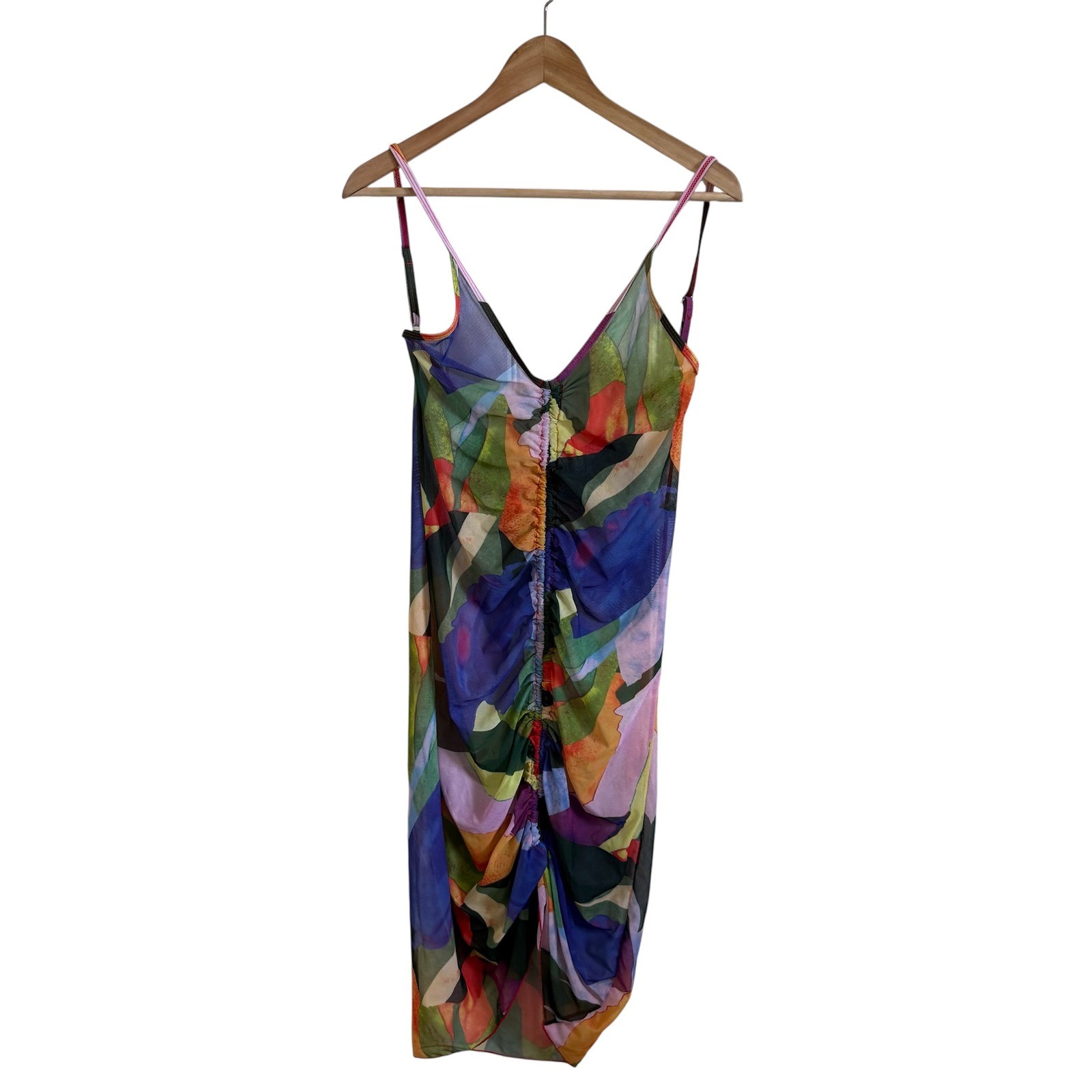 Sheer Abstract Ruched Midi Dress Sleeveless Colorful Party Cocktail medium