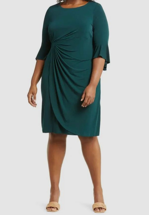 Connected Apparel Women’s Green Draped Side-Tab Round Neck Dress Plus Size 24W.