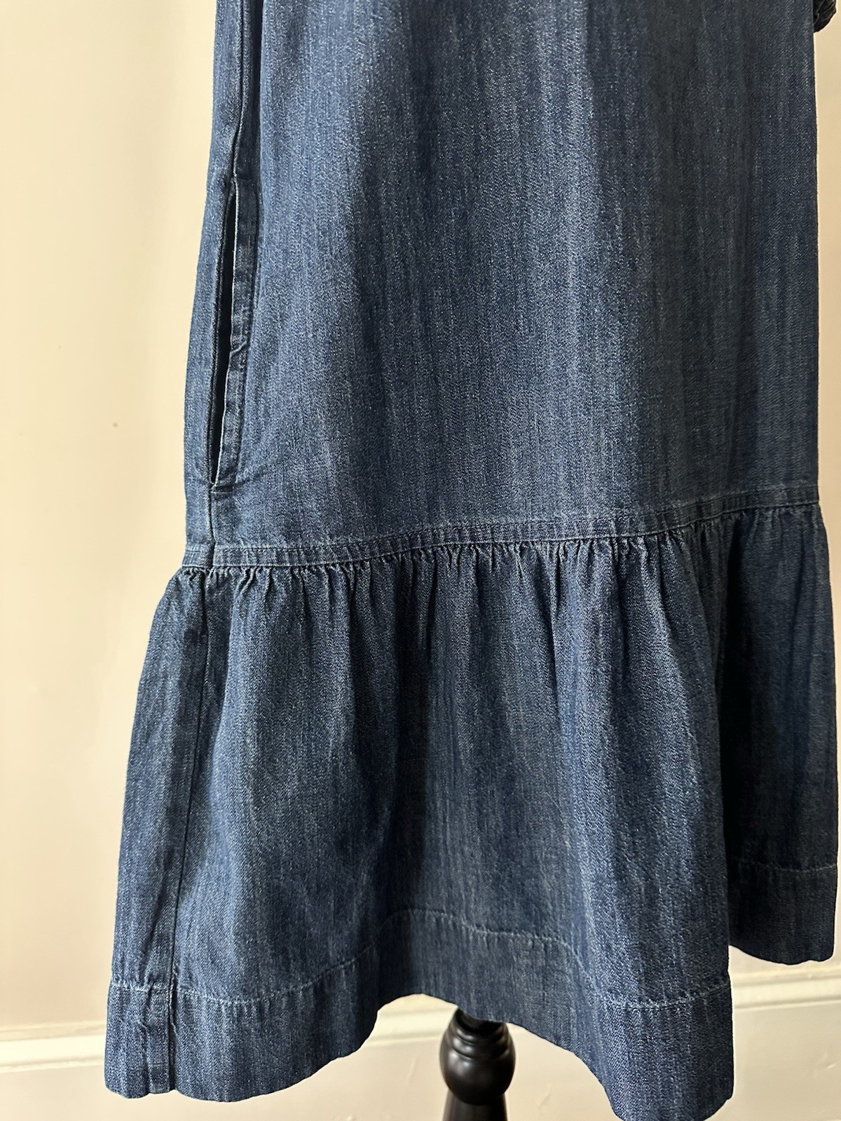 Free Assembly Blue Solid Denim Shift Dress Round Neck Puff Sleeve Pockets XS