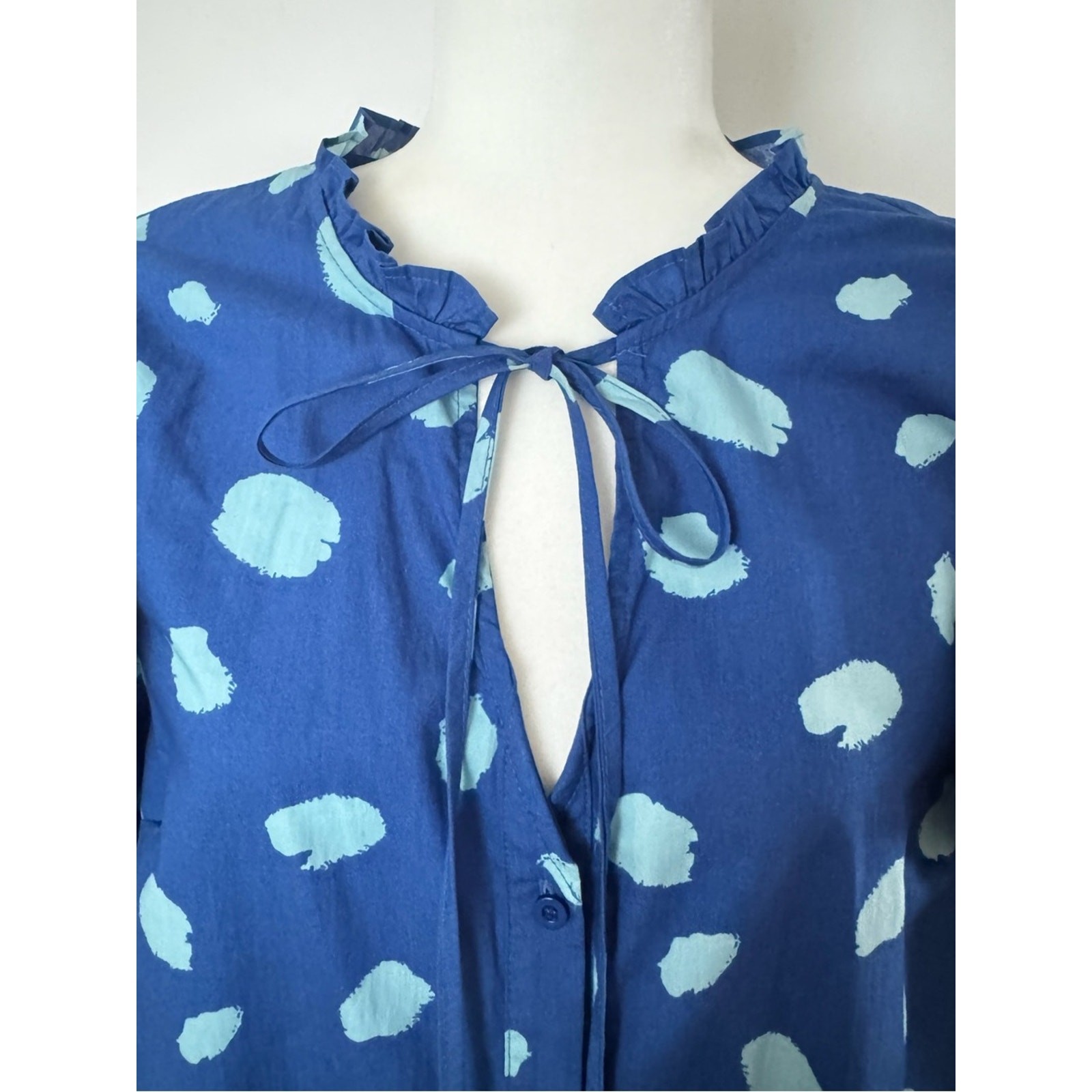 Sugar lips Blue Polka-Style Ruffle-Sleeve Tie-Neck Dress Sz M