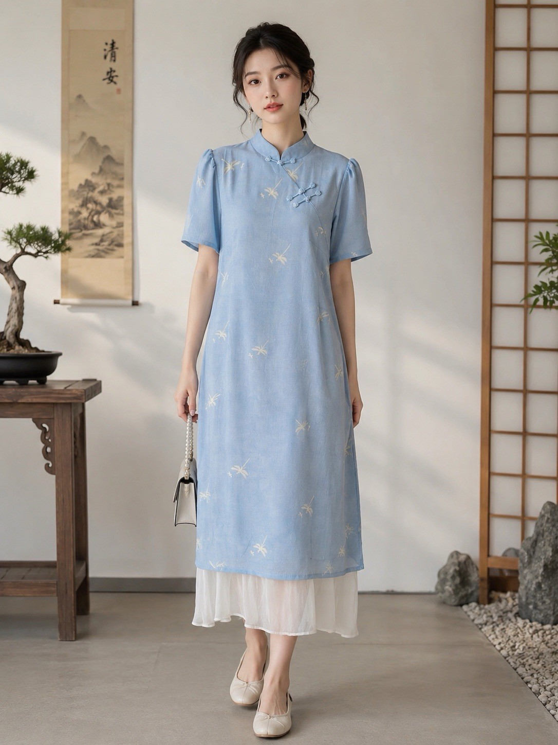 Asian Inspired Blue Dress Mandarin Collar Qipao Style Women’s Size L
