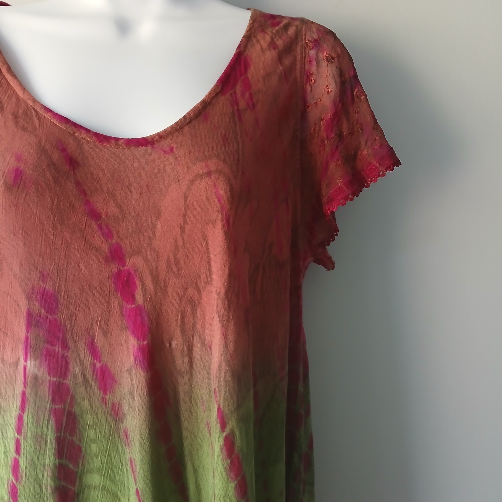 Sakkas Boho Caftan Dress Kaftan Rayon Hippy Tie Dye Multi Cap SLV Multi Sheer OS