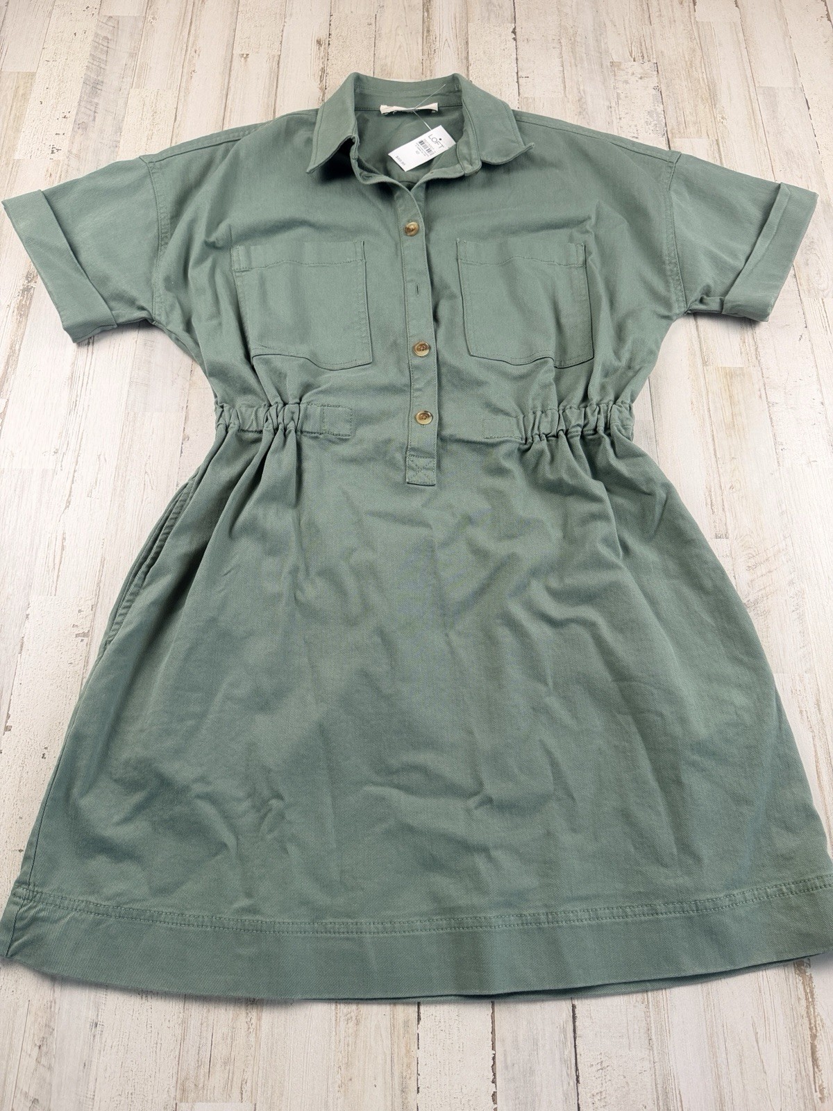 LOFT Twill Utility Mini Pocket Dress Womens 10 Green Short Sleeve NWT
