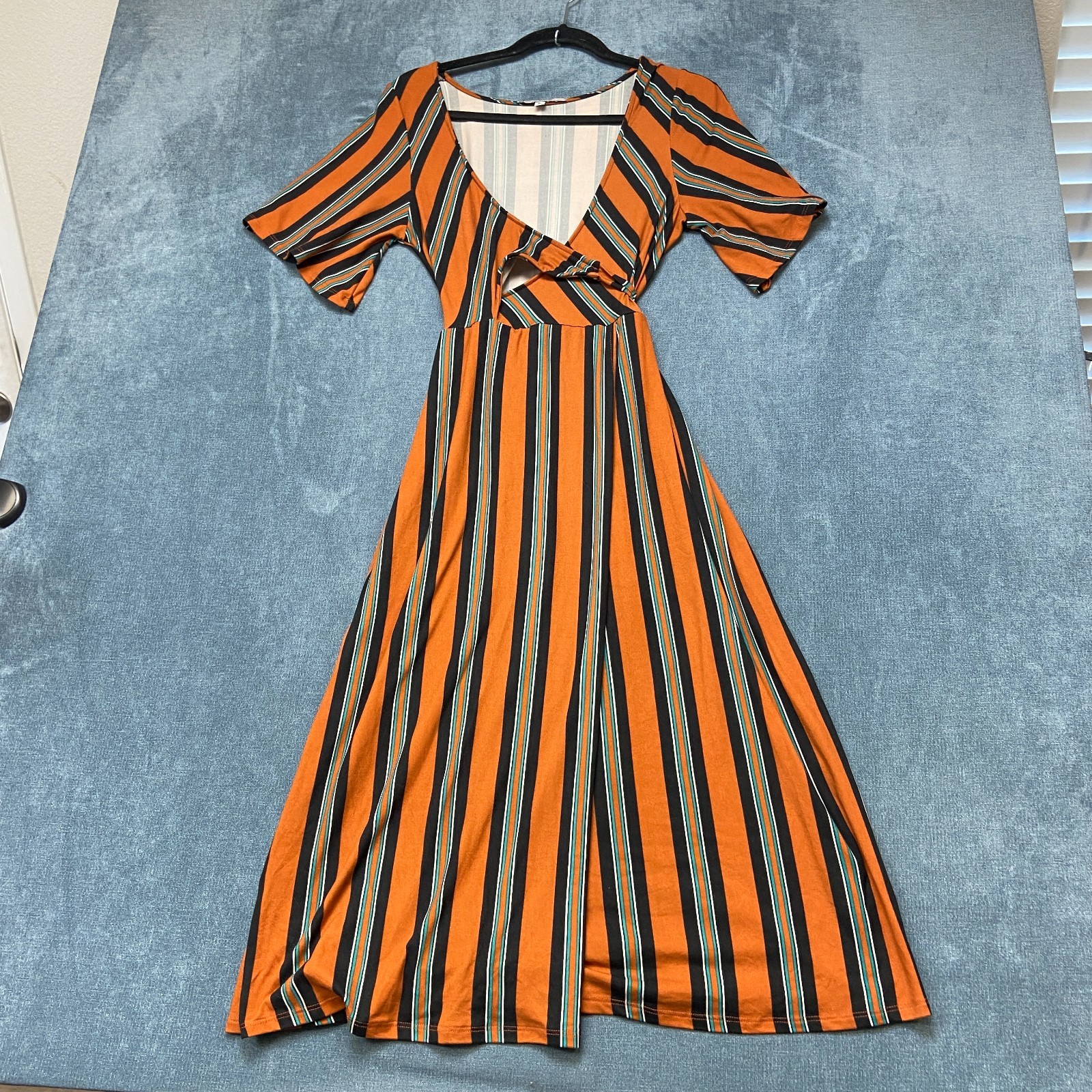 Velvet Torch Cut-Out Midi Dress Womens Large Orange Black Striped Short Sleeve