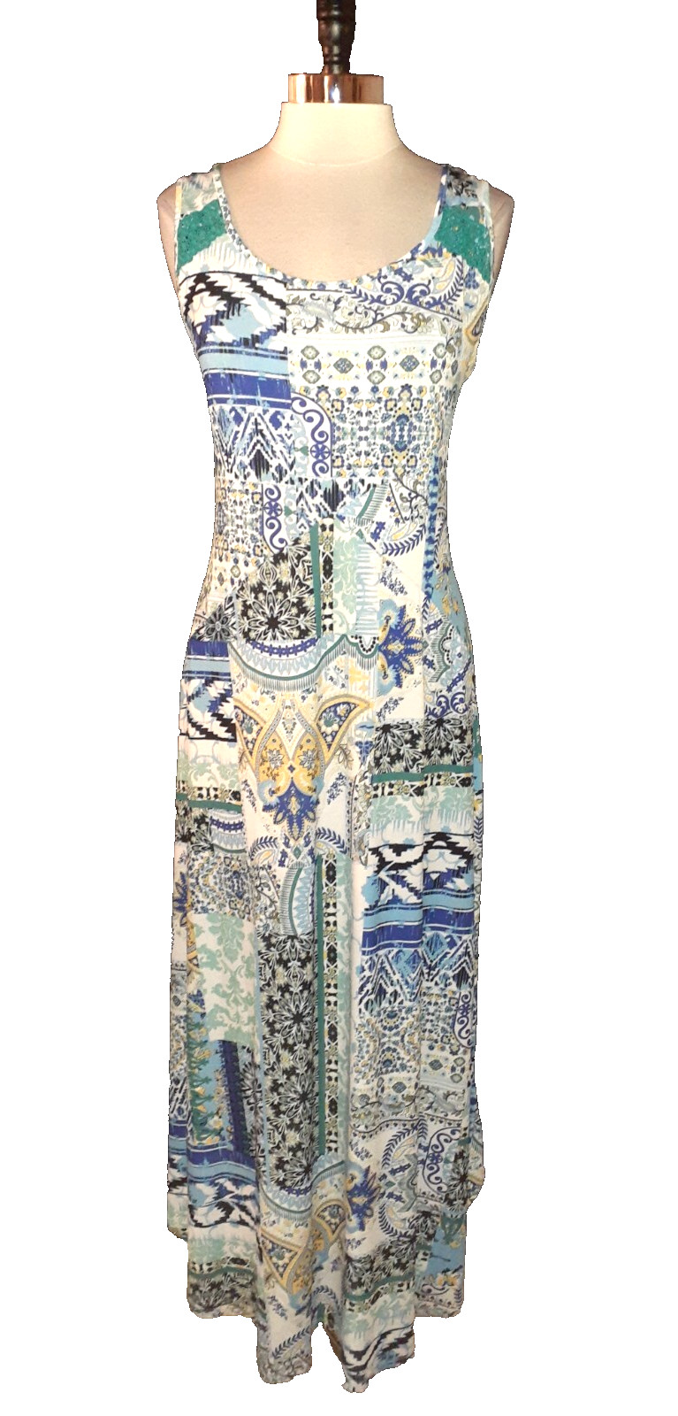 ONE WORLD Size L Maxi Dress Blue White Yellow Floral Sleeveless Stretch Knit