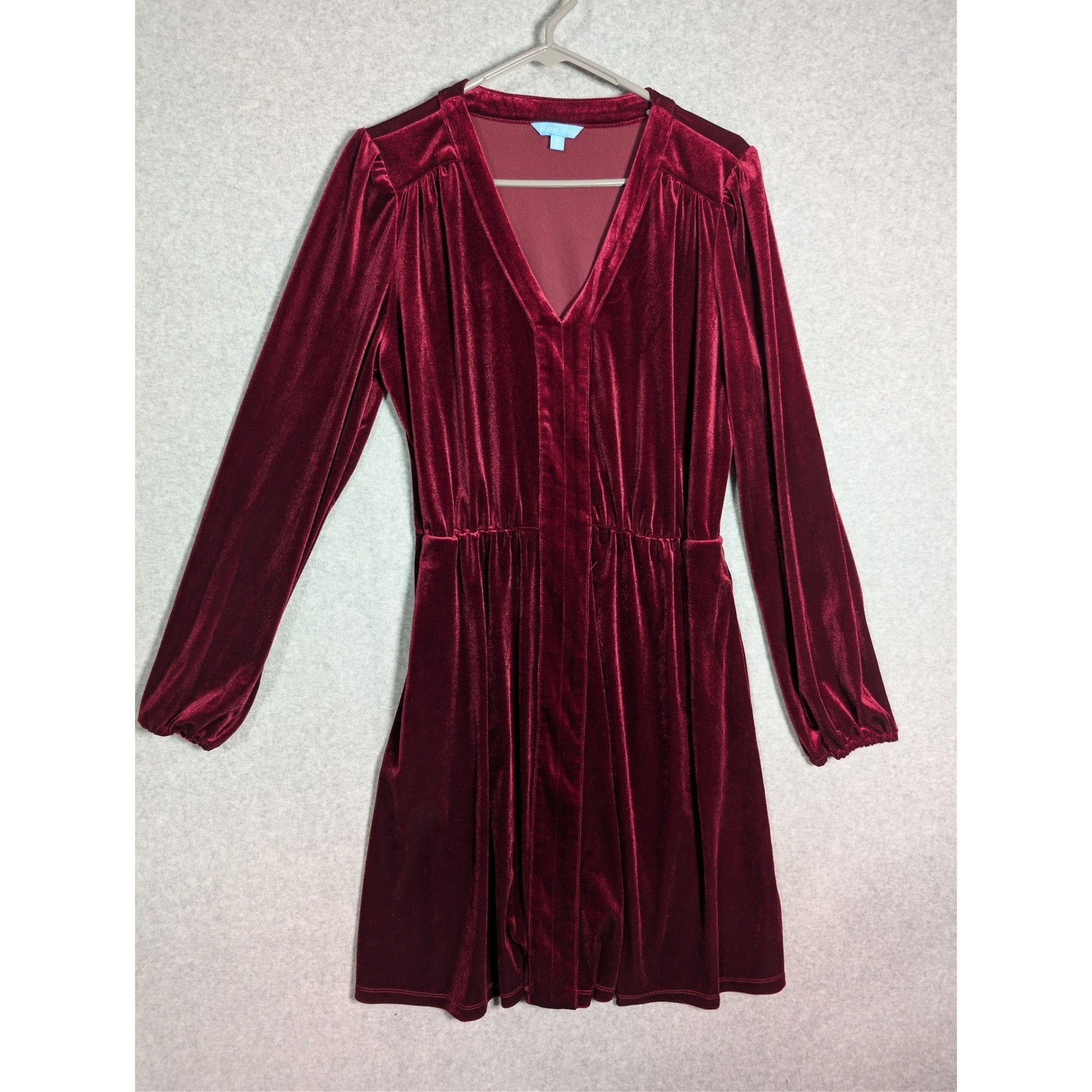 Draper James Dress Romantic Burgundy Velvet Long Sleeve V-Neck Pockets Stretch