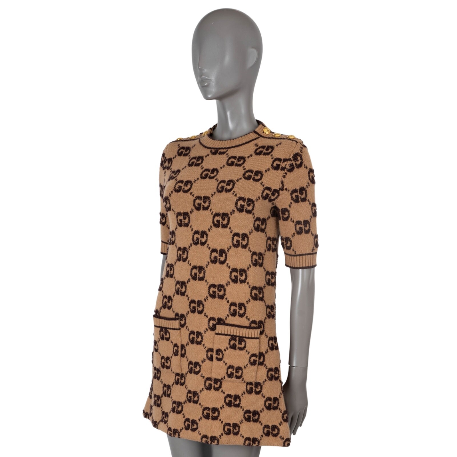 70502 auth GUCCI camel & brown wool 2024 MONOGRAM BOUCLE JACQUARD Dress M