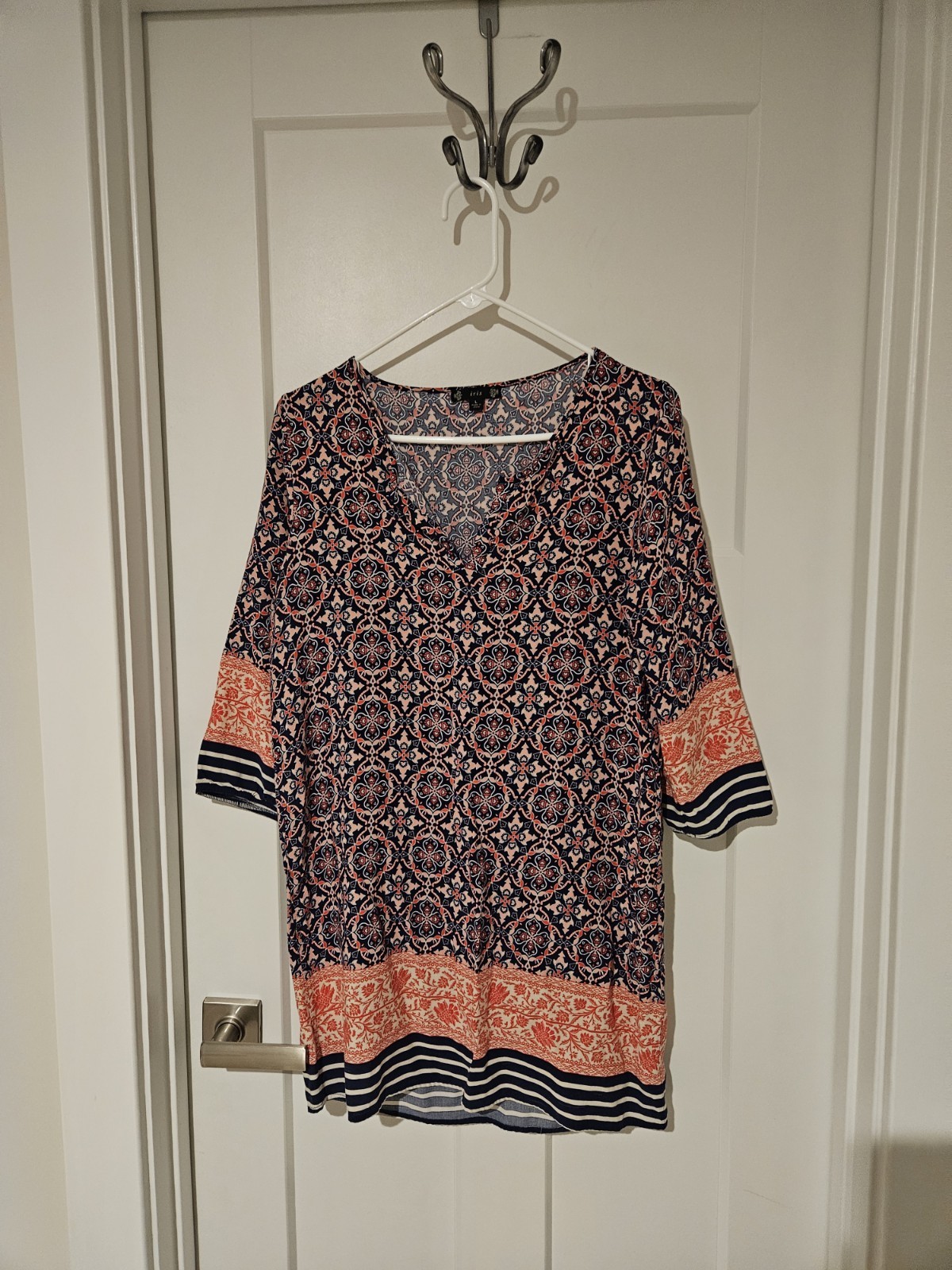 Womens Pink & Navy Print Iris 3/4 Sleeve Basic Tunic Dress Size L