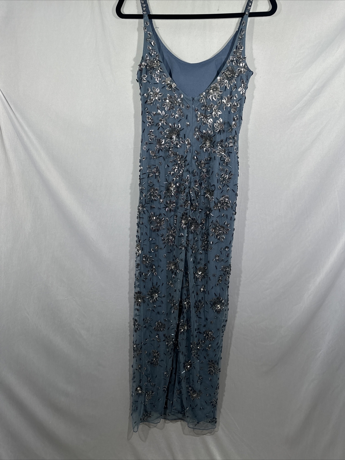 NWT Mac Duggal [ 4 ] 5477 Floral Embellished Scoop Neck Gown Slate Blue #S1248