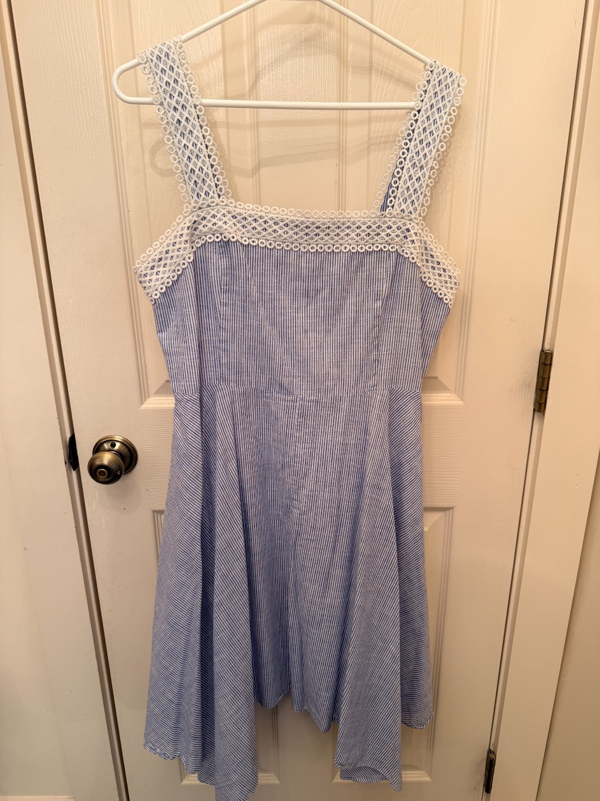 Ivanka Trump dress/sundress size 14. Blue & white, eyelet lace, Hi Lo skirt. EUC