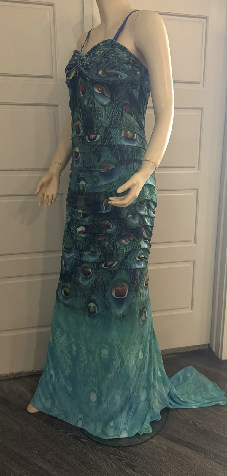 Alberto Makali Strapless Peacock Beaded Gown.-Size 12. (LK#274 A)