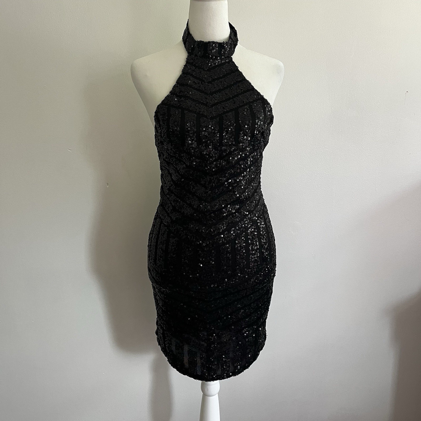 REVERSE Black Sequin Halter Neck Bodycon Knee Length Dress S Lined Zip