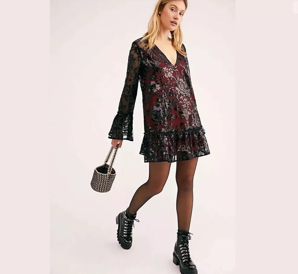 Free People Falling Flowers Frock Mini Dress Red Black Sequins