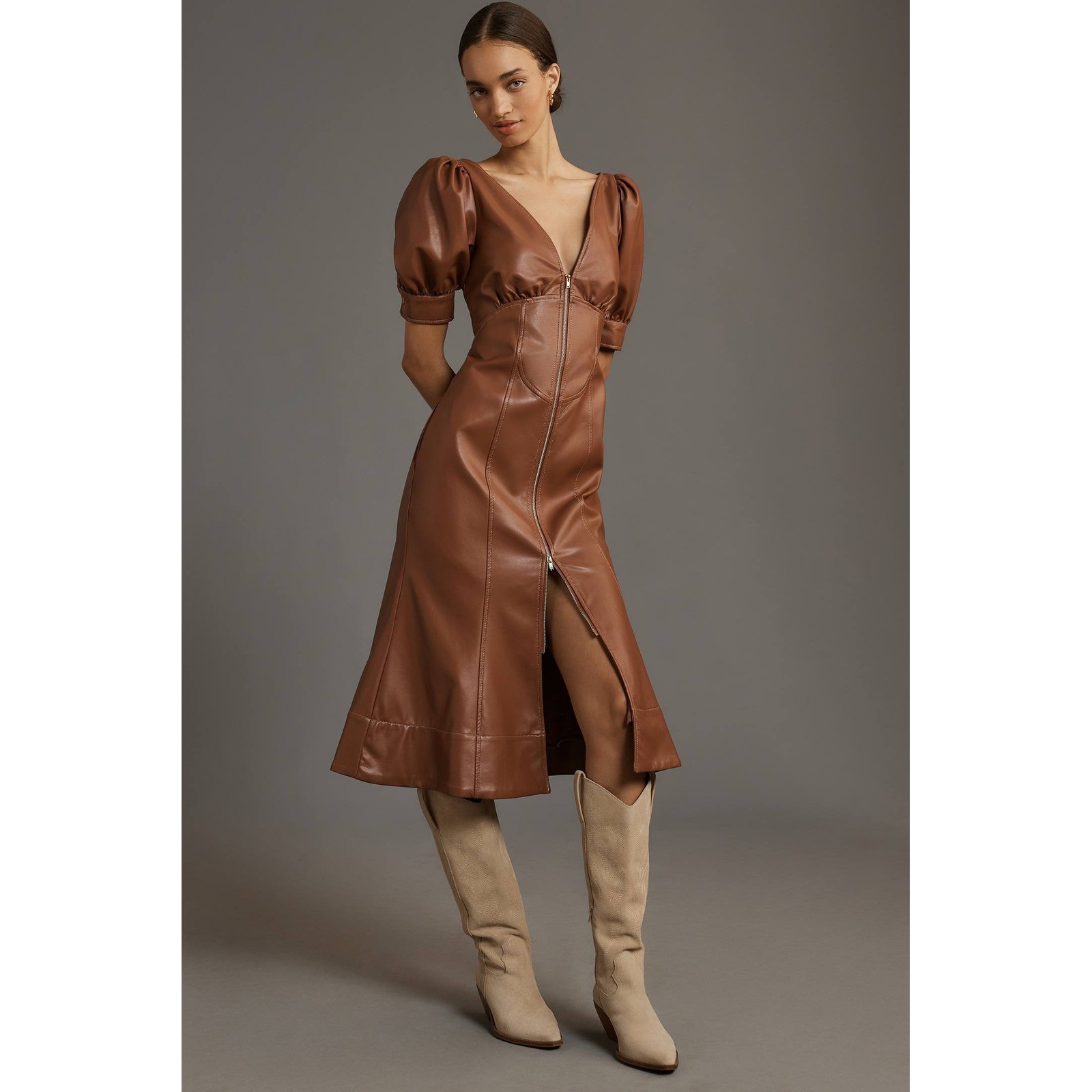 Anthropologie Faux Leather Midi Dress Brown Puff Sleeve Zip Front US 8 EU 40