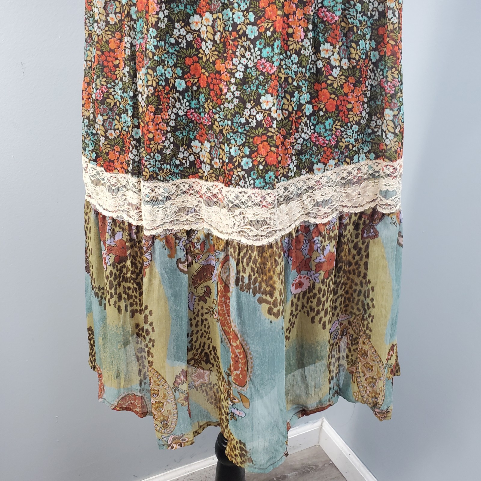 American Rag Cie Midi Dress Womens Small Multi Floral Lace Trim Boho Cottagecore