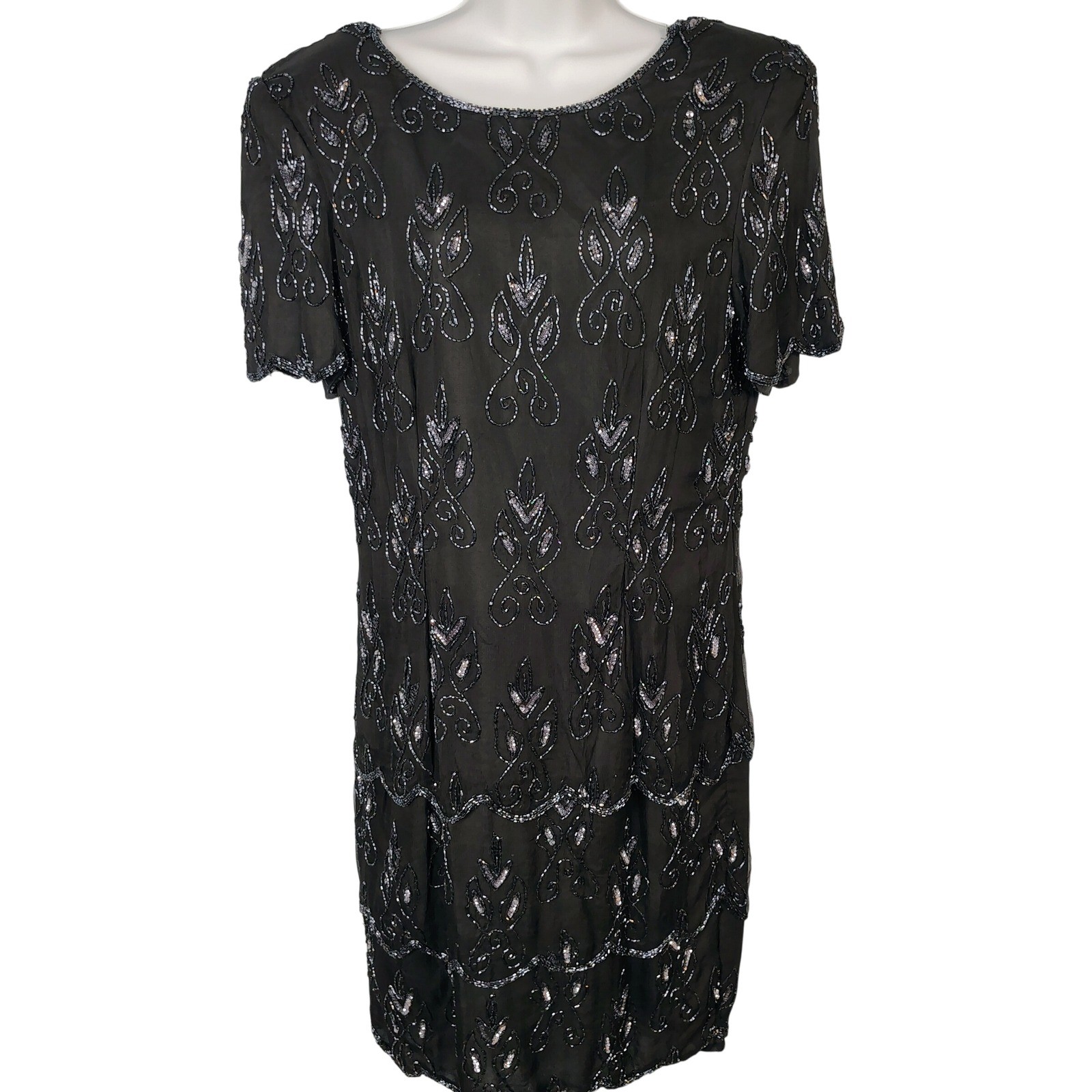 Stenay Vintage Silk Beaded Sequin Tiered Scalloped Hem Dress Black Silver Sz 12