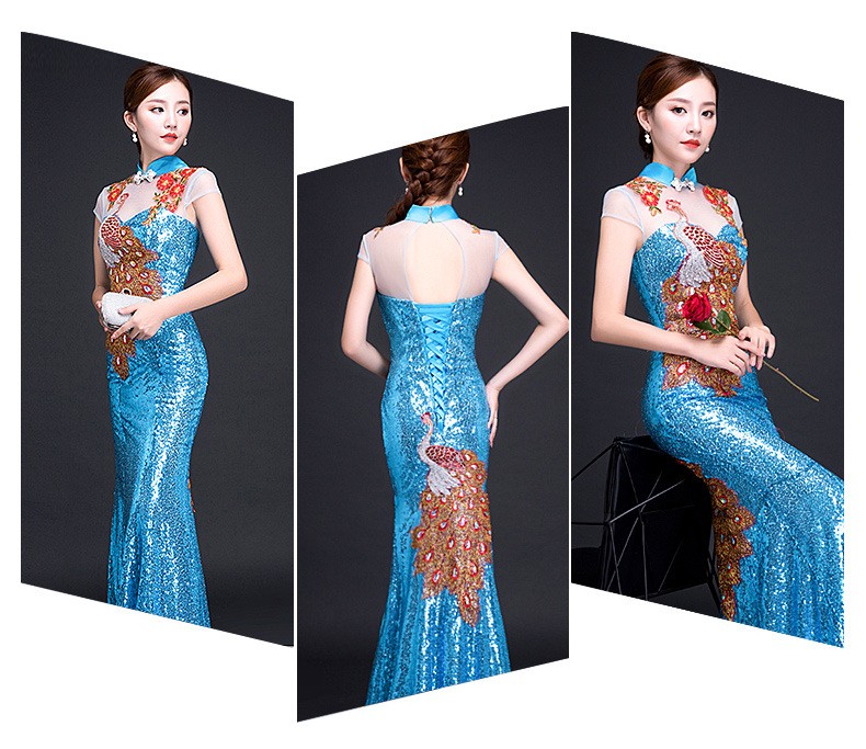 Womens Sequin Peacock Embroidery Gown Cheongsam Formal Stage Evening Qipao Dress